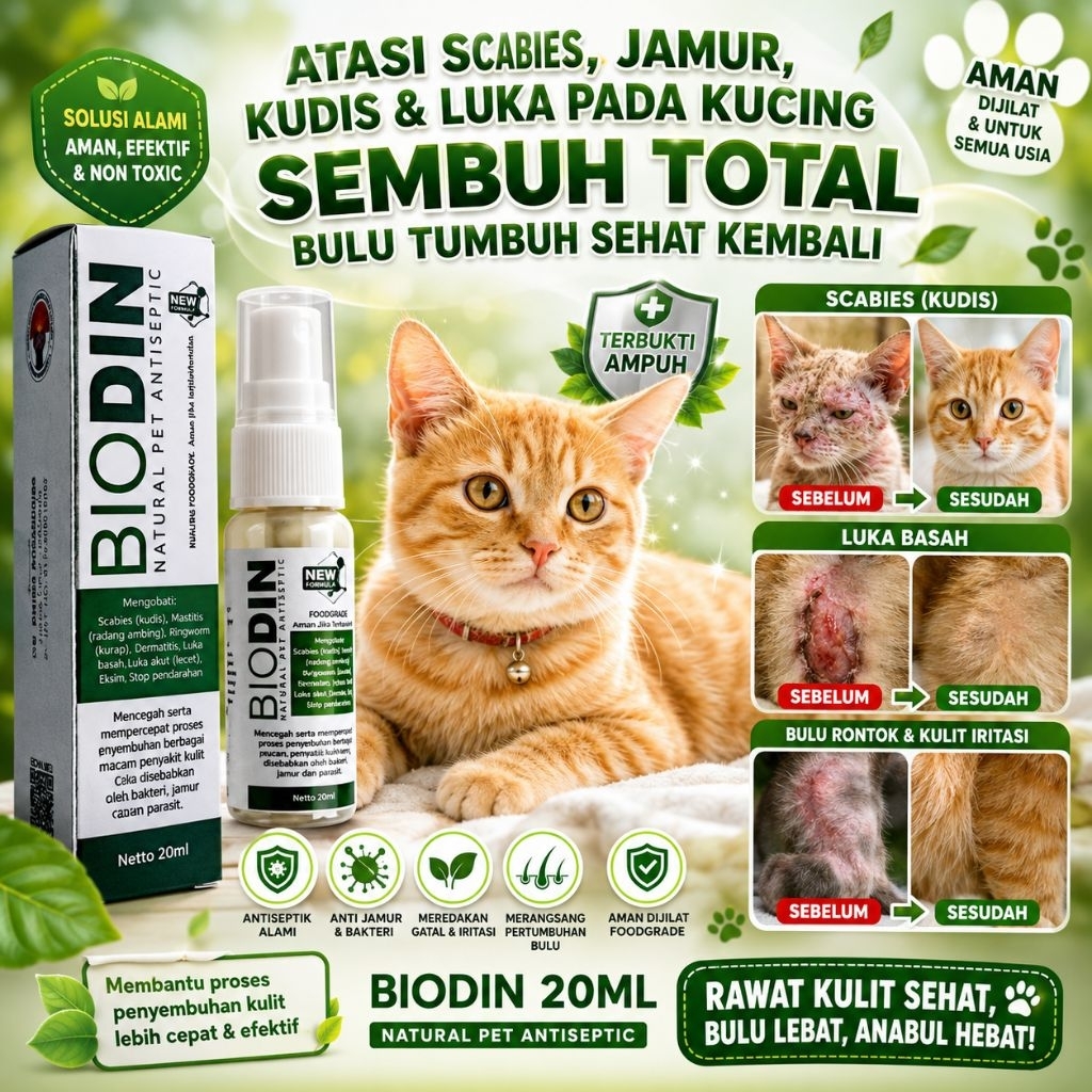 Biodin Spray 20ml Obat Scabies, Jamur, Kudis, Gigitan Kutu, Bakteri, Demodex, Luka Cakar, Gatal-gata