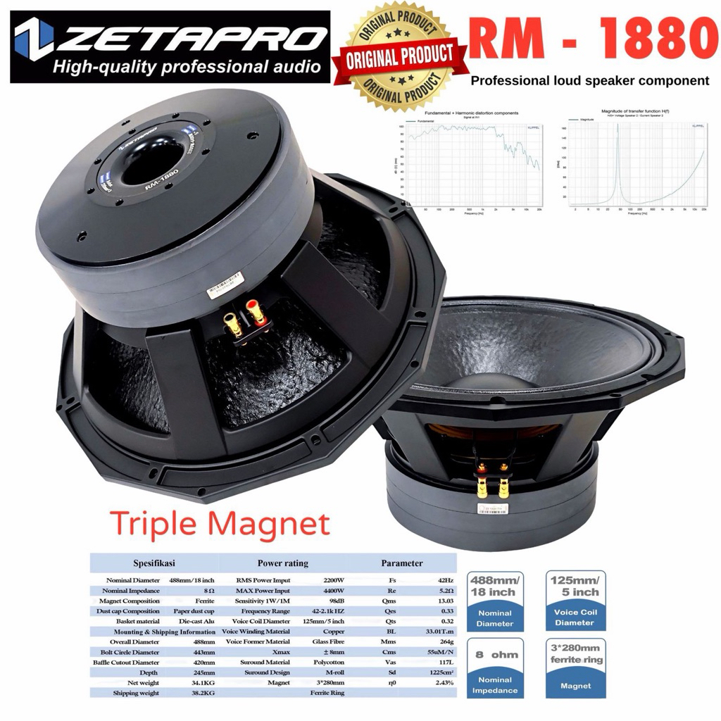 Komponen Speaker Zetapro RM1880 / Zetapro RM 1880 / Zetapro Original 4400W Triple Magnet