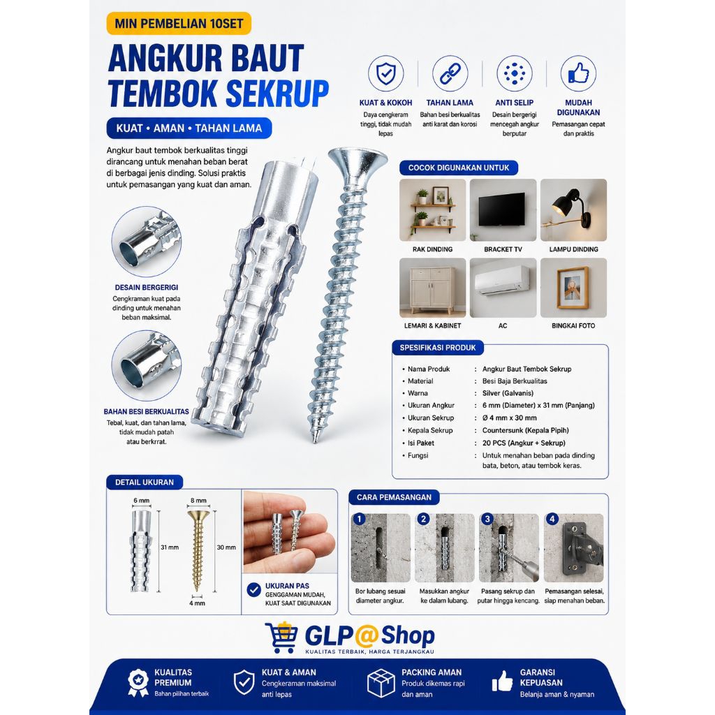 Angkur baut tembok fisher Bahan Besi Beton/Sekrup Fisher Tembok Ukuran M6x30cm