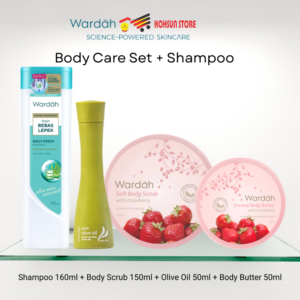 Wardah Paket 3in1 Body Care isi Body Scrub 150 ml + Creamy Body Butter 50 ml + Olive Oil 50 ml / Eau