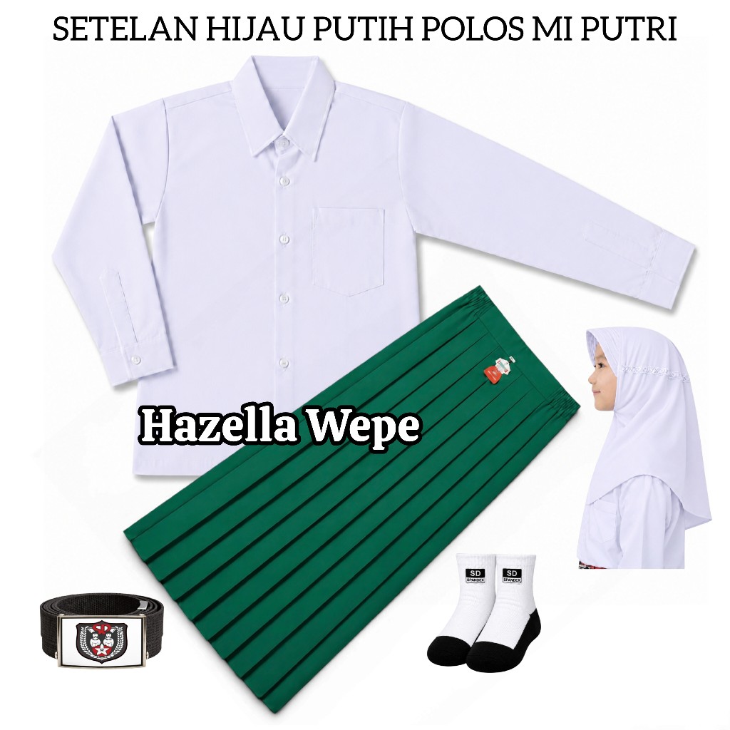 Setelan Seragam Hijau Putih Polos SD/MI Baju Putih Polos Lengan Panjang Rok Hijau Panjang