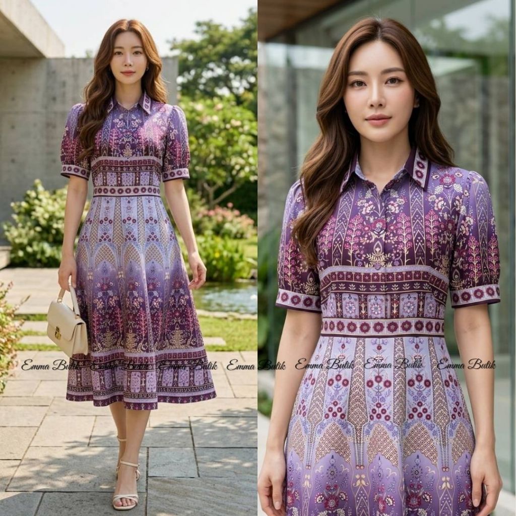 Emma.Butik E00863 Gaun Formal Pesta Wanita Ungu Midi Dress Floral Purple Lengan Pendek Busui Friendl