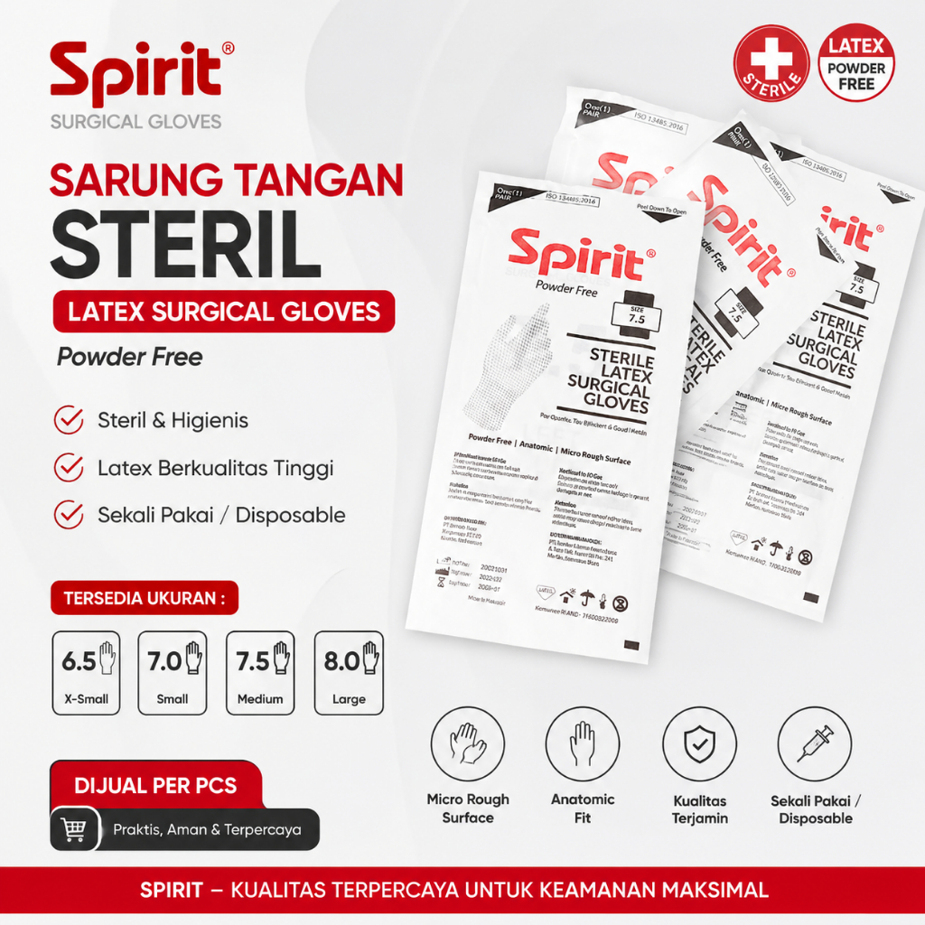 SPIRIT Sarung Tangan Steril Latex Powder Free 1 Pcs Handscoon Steril Bedah Surgical Gloves Disposabl