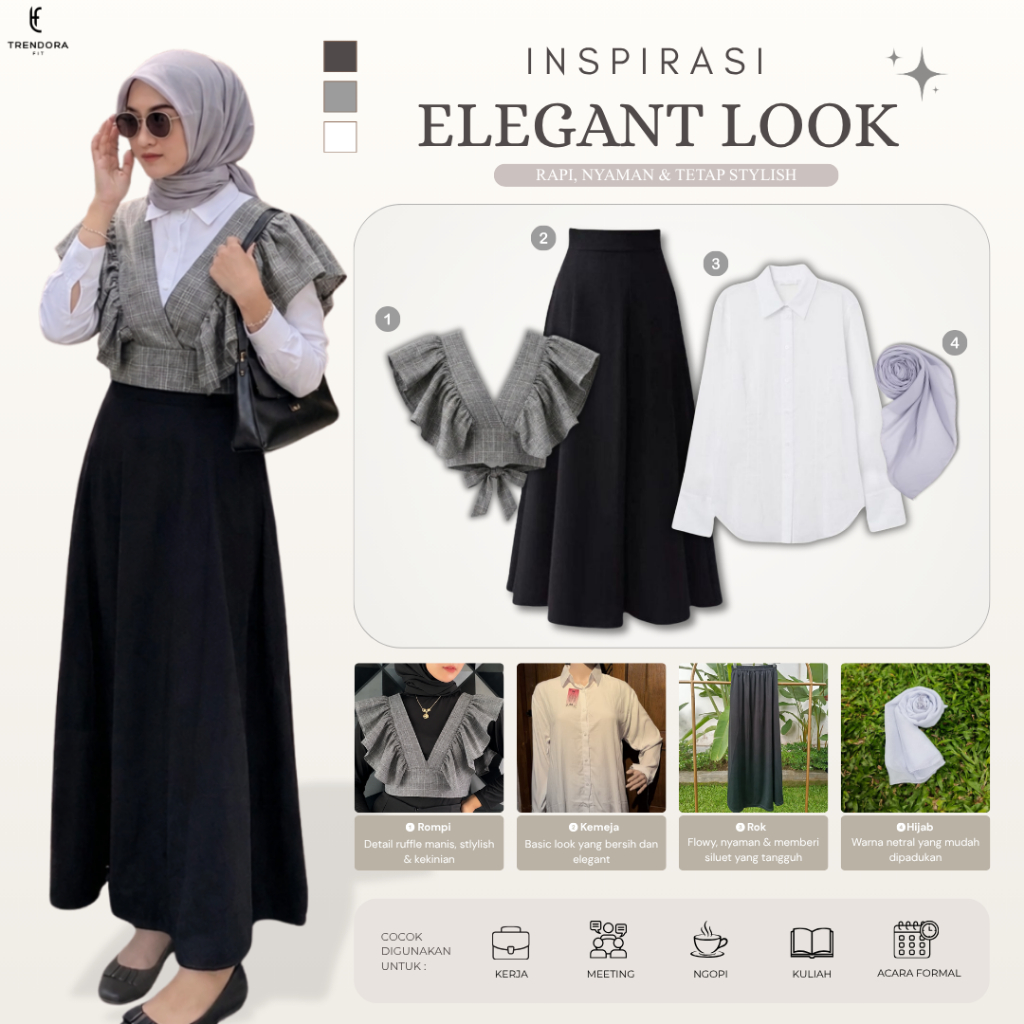 One Set Wanita Kekinian OOTD Hijab | Rompi Crop Top + Kemeja Basic + Rok Hyget + Hijab Persegi TF81