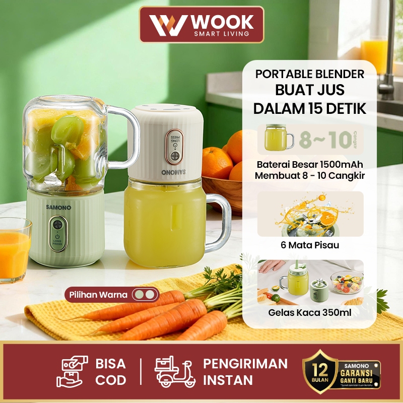 SAMONO Blender Portable Juice Gelas Kaca Tebal 350ml 6 Mata Pisau 1500mAh Blender Buah Smoothies Ble