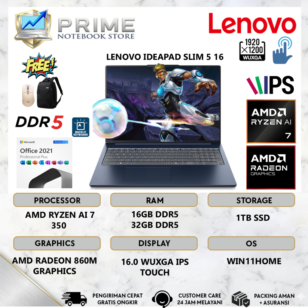Lenovo Touchscreen Ideapad Slim 5 16 AMD Ryzen 7 Ai 350 32GB DDR5 1TB SSD WUXGA IPS  Windows 11 Home