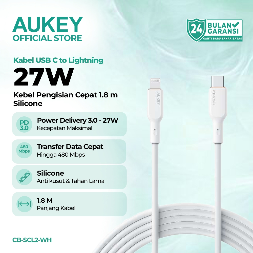 AUKEY Kabel Charger 27W USB C to Lightning MFI Silicone Material Fast Charging iPhone CB-SCL2