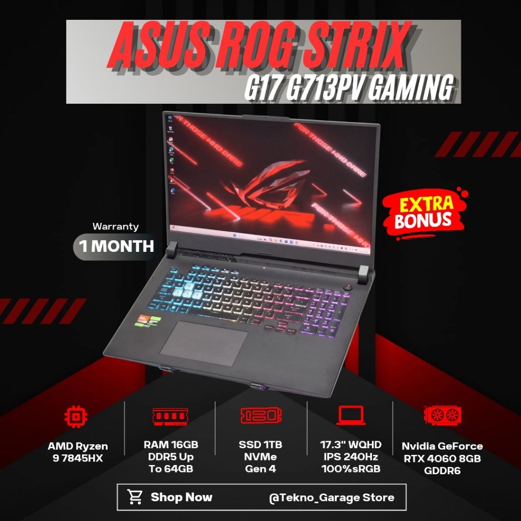 Laptop Gaming ASUS ROG STRIX G17 G713PV RYZEN 9 7845HX RAM 16GB SSD 1TB NVIDIA RTX 4060 17.3IN WQHD 