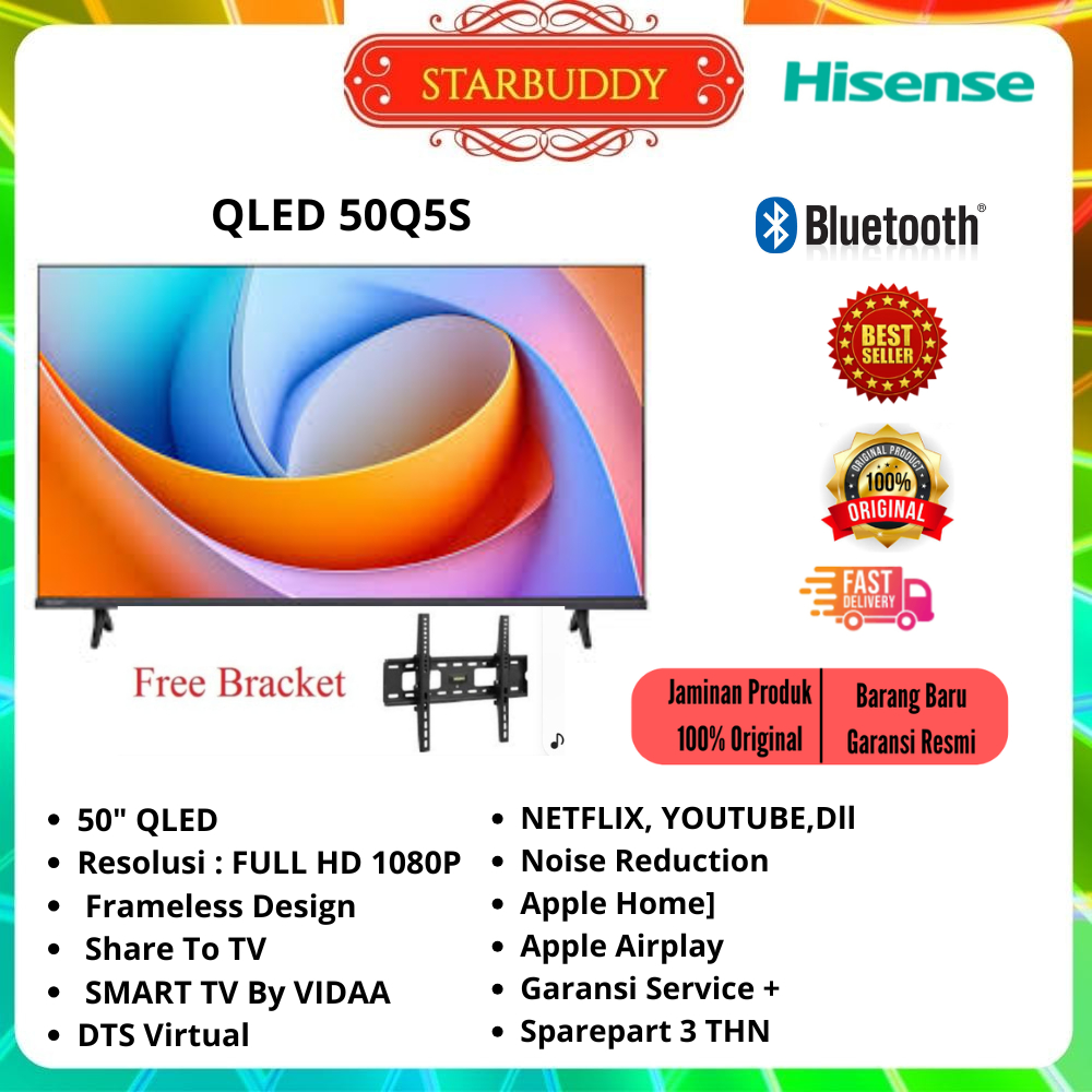 HISENSE QLED TV 50Q5S 50" SMART TV VIDAA FREE BRACKET TV