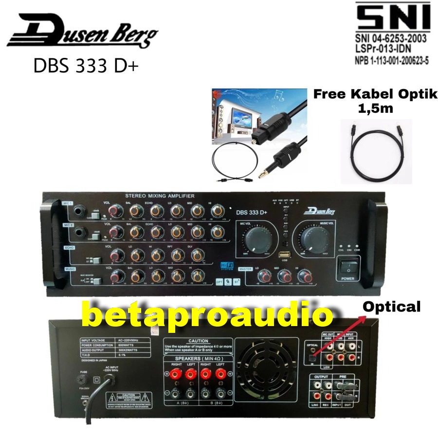 AMPLIFIER DUSENBERG DBS 333 D+ DBS 333D+ INPUT OPTICAL BISA KONEK KE SMART TV YOUTUBE LANGSUNG OPTIC