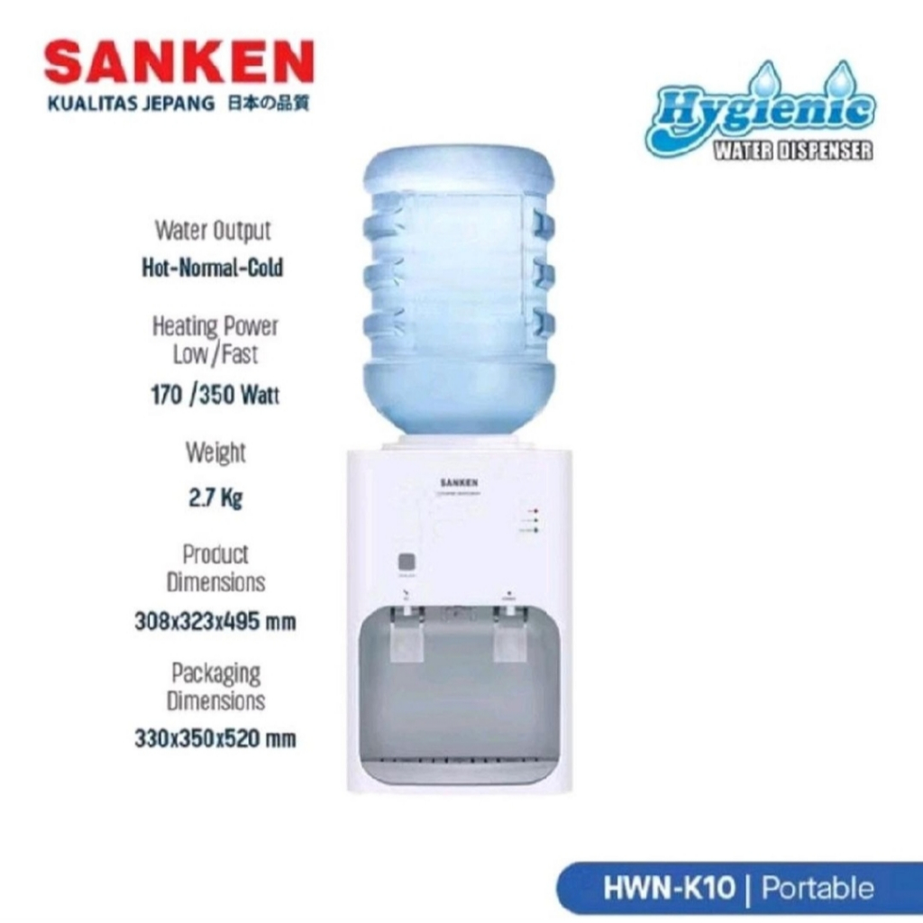 Dispenser Portable 2 Kran Air Panas dan Netral SANKEN HWN-K10 Galon Atas BPA Free HWNK10