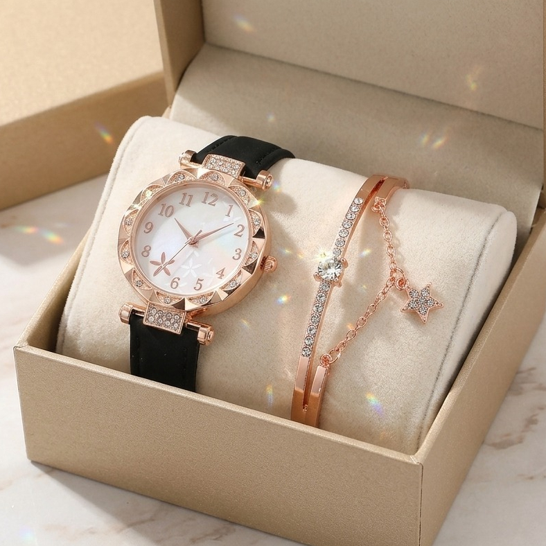paket kado jam tangan wanita free gelang + box gift jam tangan wanita tali pu leather korean fashion