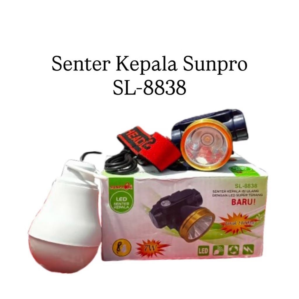 SL-8838 Senter Kepala + Korek Api Sunpro 7W PENCETAN ON OFF Free Lampu Emergensi