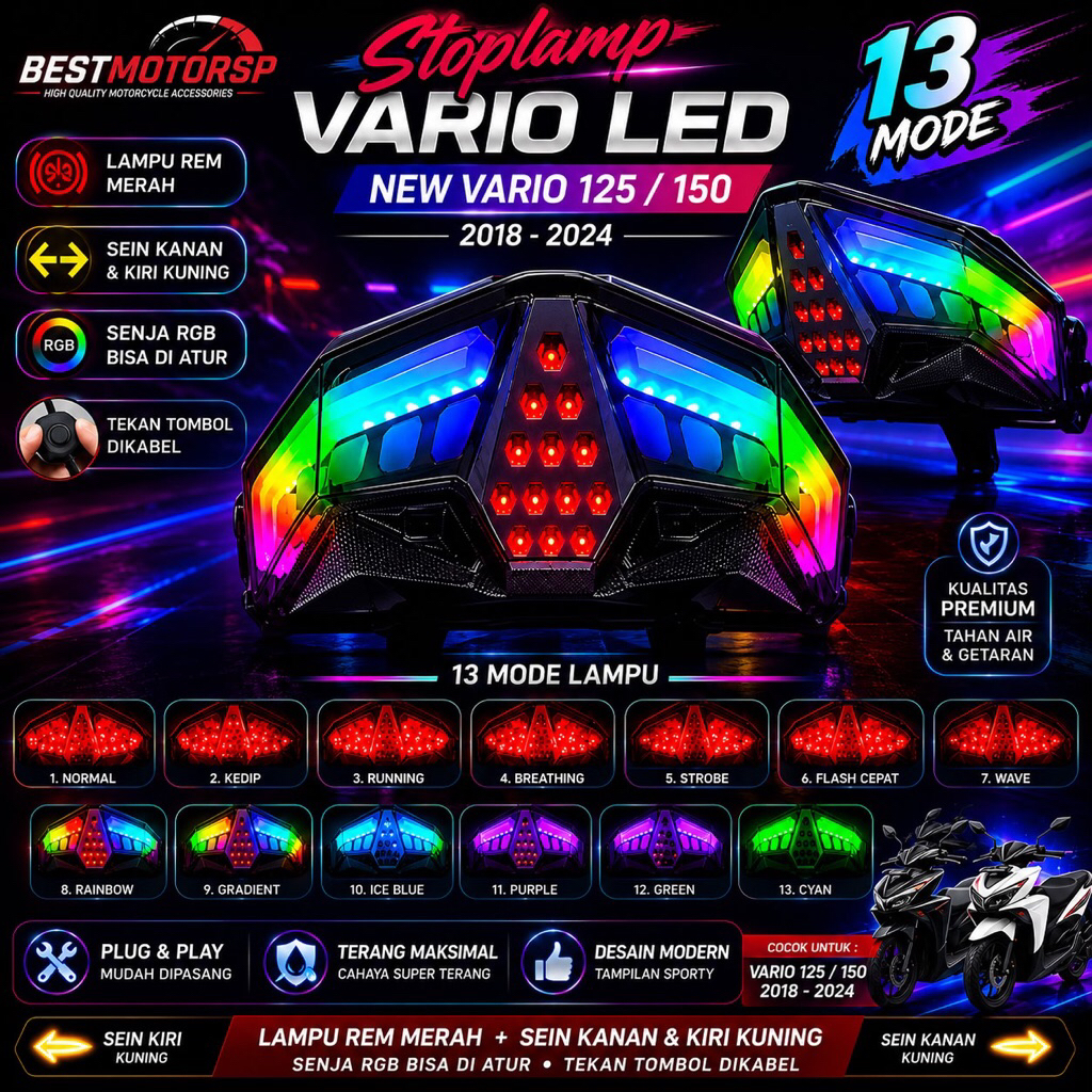 STOPLAMP RGB RUNNING VARIO 125 150 NEW 2018 2019 2020 2021 2022 2023 LAMPU STOP BELAKANG VARIO 13 MO