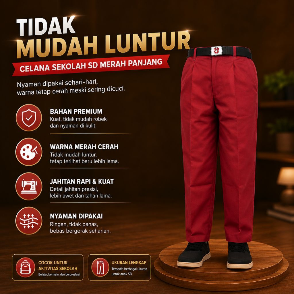 Celana Seragam Sekolah SD Merah Panjang M260 | titak mudah luntur & nyaman dipakai Kualitas Premium