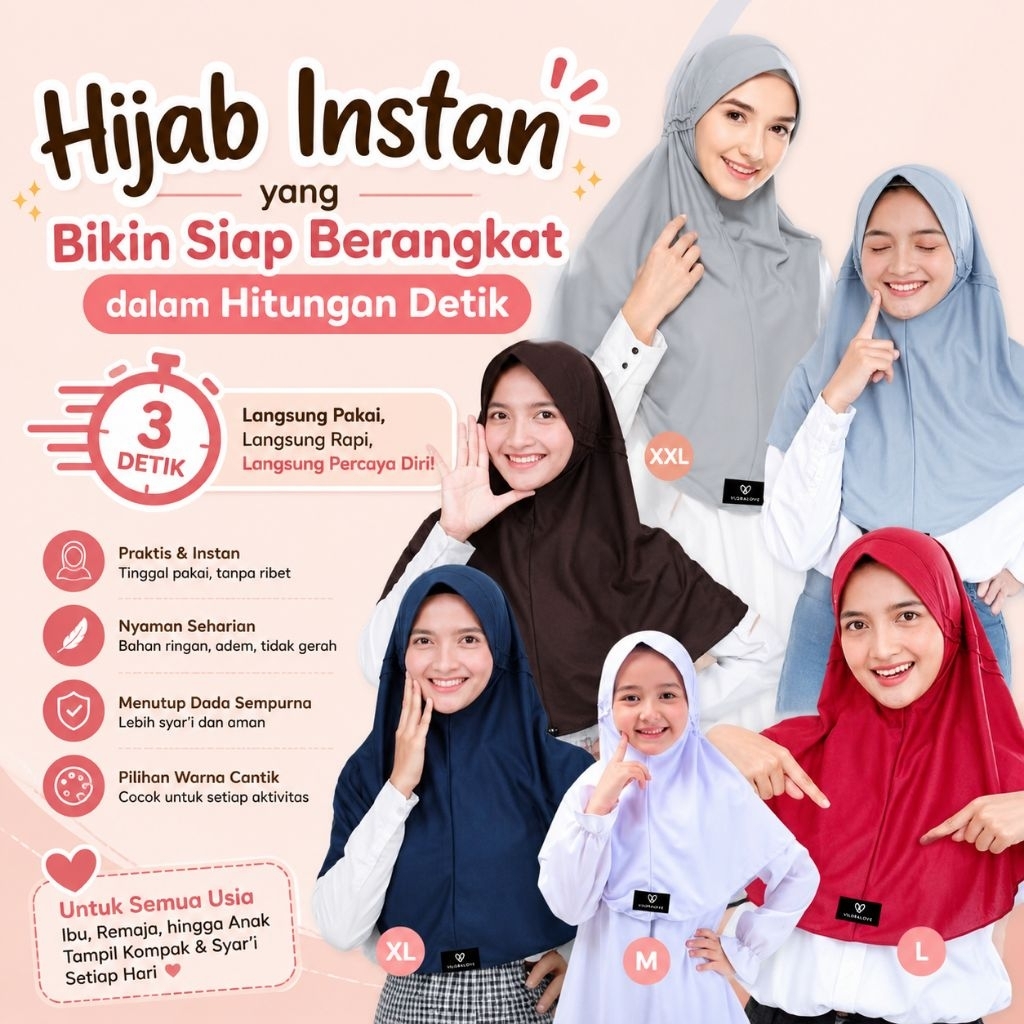 Kerudung Jilbab Instan Sekolah Vilora SD SMP SMA Warna Variasi Ukuran M L XL Cocok untuk Aktivitas H