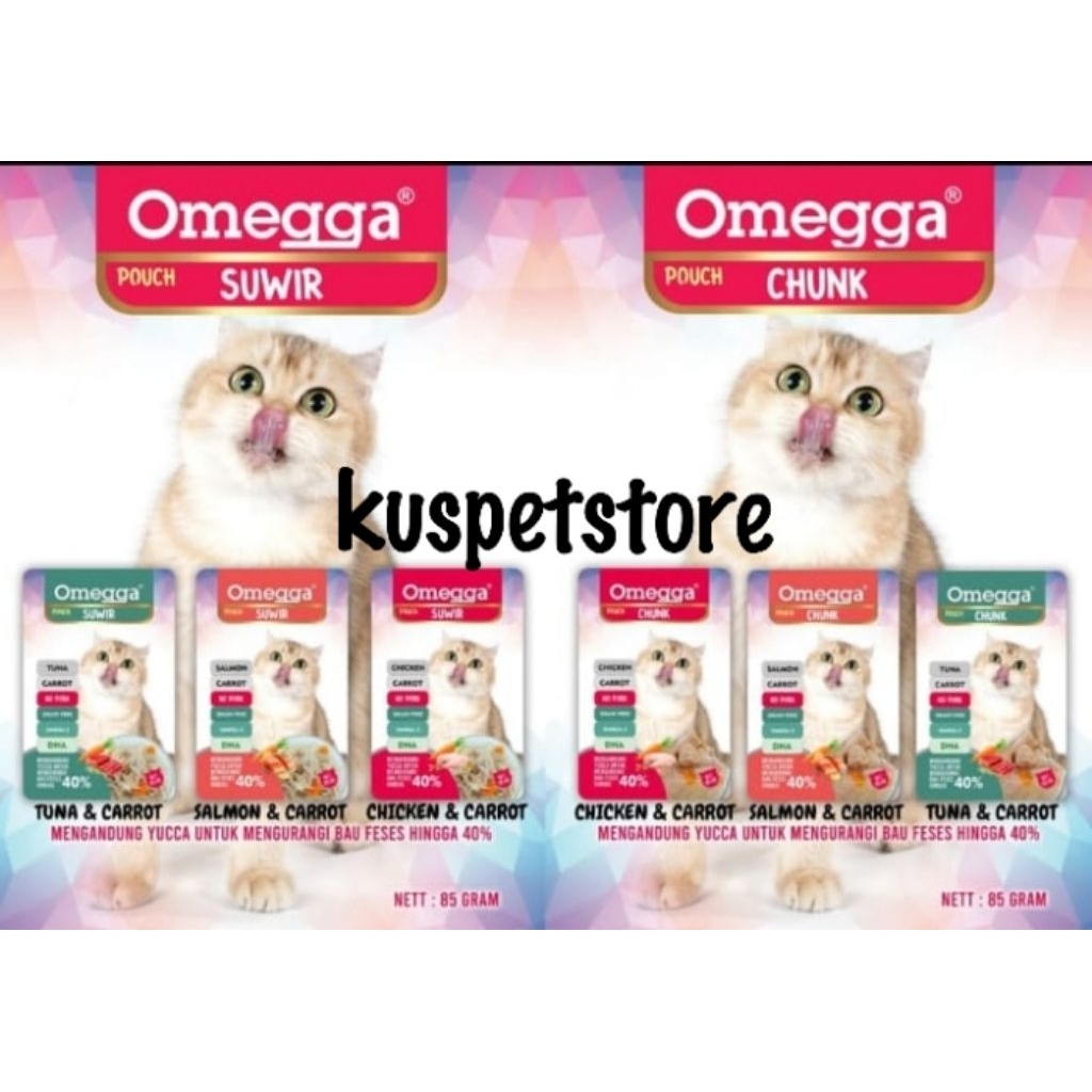 Makanan Kucing / Catfood Basah Omega Pouch Tuna / Salmon / Chicken 85grX12Pc