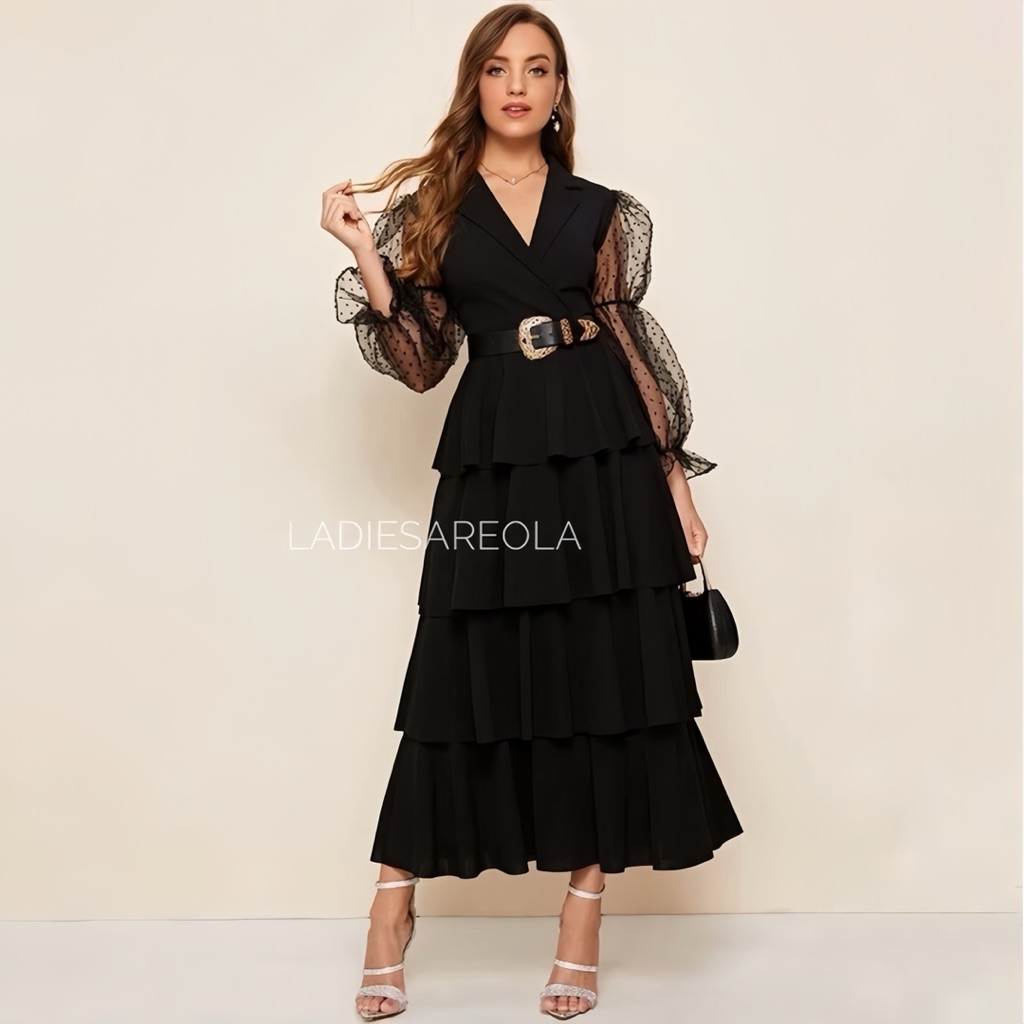 SWISSDOT DRESS - Dress Pesta Wanita Layered Midi A Line V neck Dress Big Size Jumbo Ukuran Besar, Ba