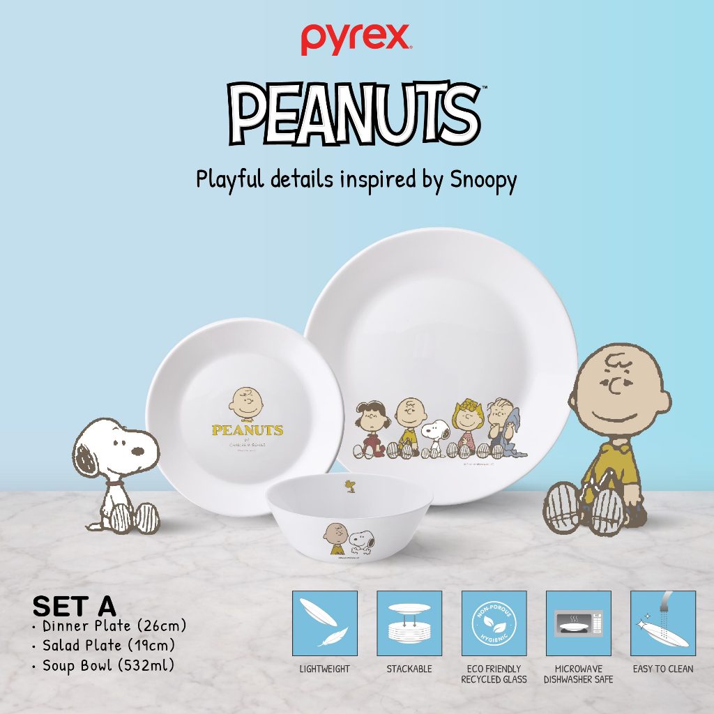 PYREX Peanuts Snoopy Dinner Set 3 Pcs Pring Mangkuk Makan Milkglass Microwave & Dishwasher Safe Muda