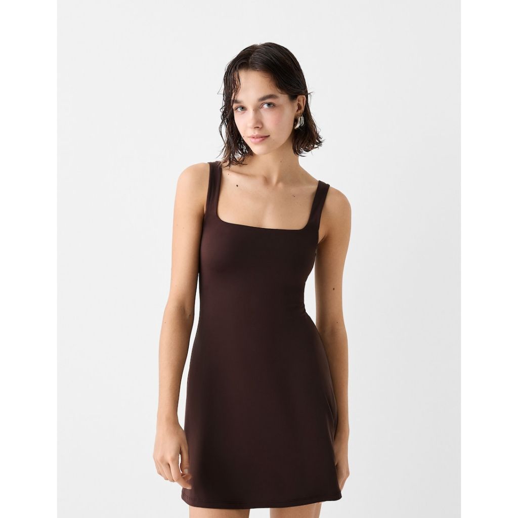 BERSHKA DARK BROWN JERSEY MINI DRESS WITH SQUARE NECKLINE