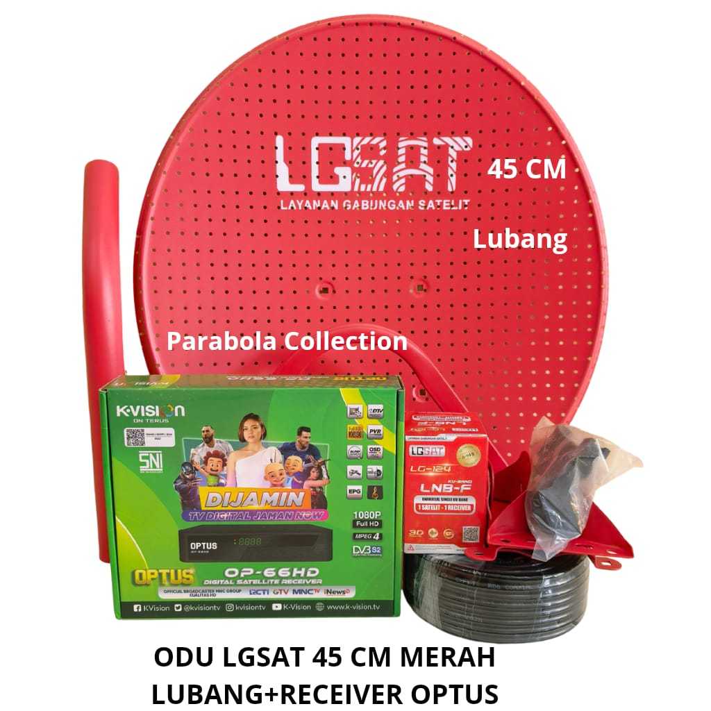 Parabola Mini Lgsat 45 cm Full Set Lengkap+Receiver Optus ( Merah Lubang )