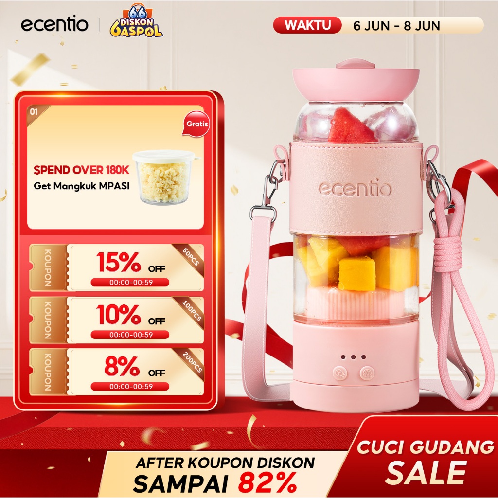 ecentio Juicer Portable Tali Bahu Fashion 18 Pisau Blender Portable 500ml Kaca Gelas Food Grade Taha