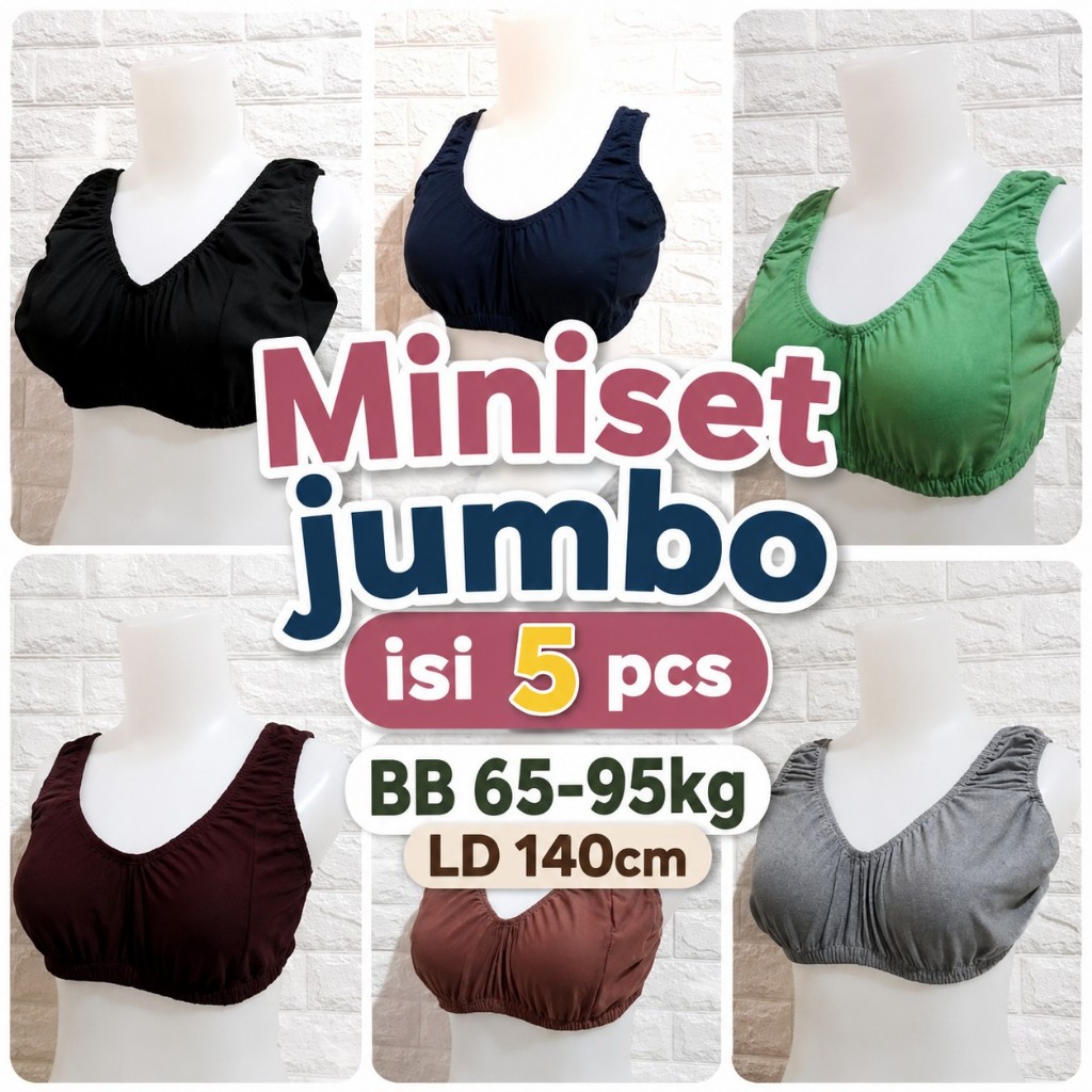 Bra Jumbo Wanita Miniset Isi 5PCS Bahan Adem Lembut Super Stretch Muat LD 140cm Nyaman untuk Harian 