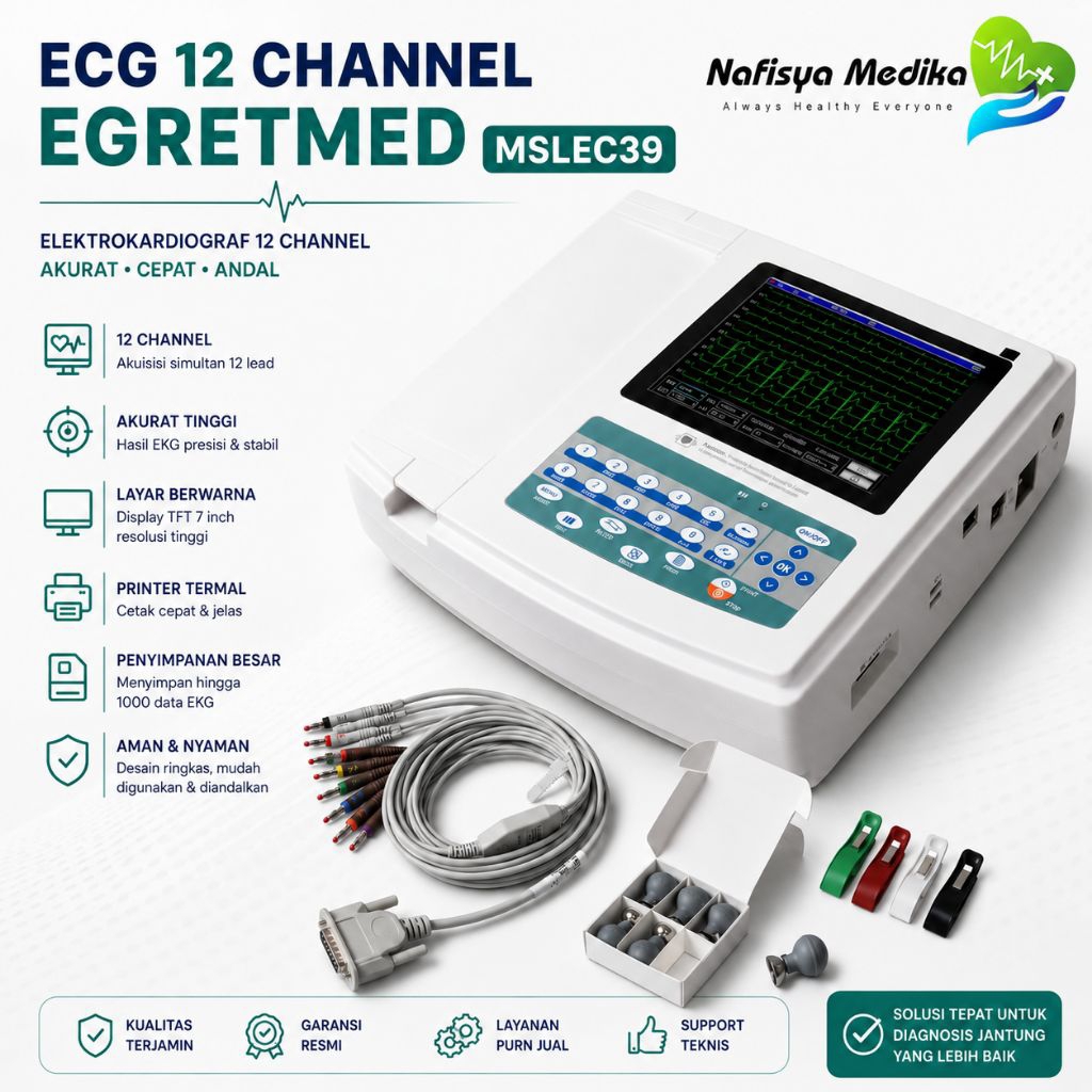 ECG 12 Channel EGRETMED MSLEC39 | EKG 12 Lead Digital | Printer Thermal | TFT 7 Inch | Alat Rekam Ja