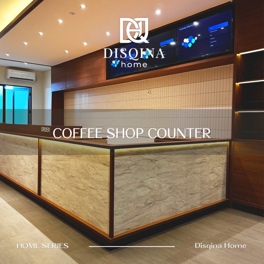 Custom Meja Kasir Cafe Minimalis Coffee Shop Counter Bar Counter Modern HPL Marmer LED