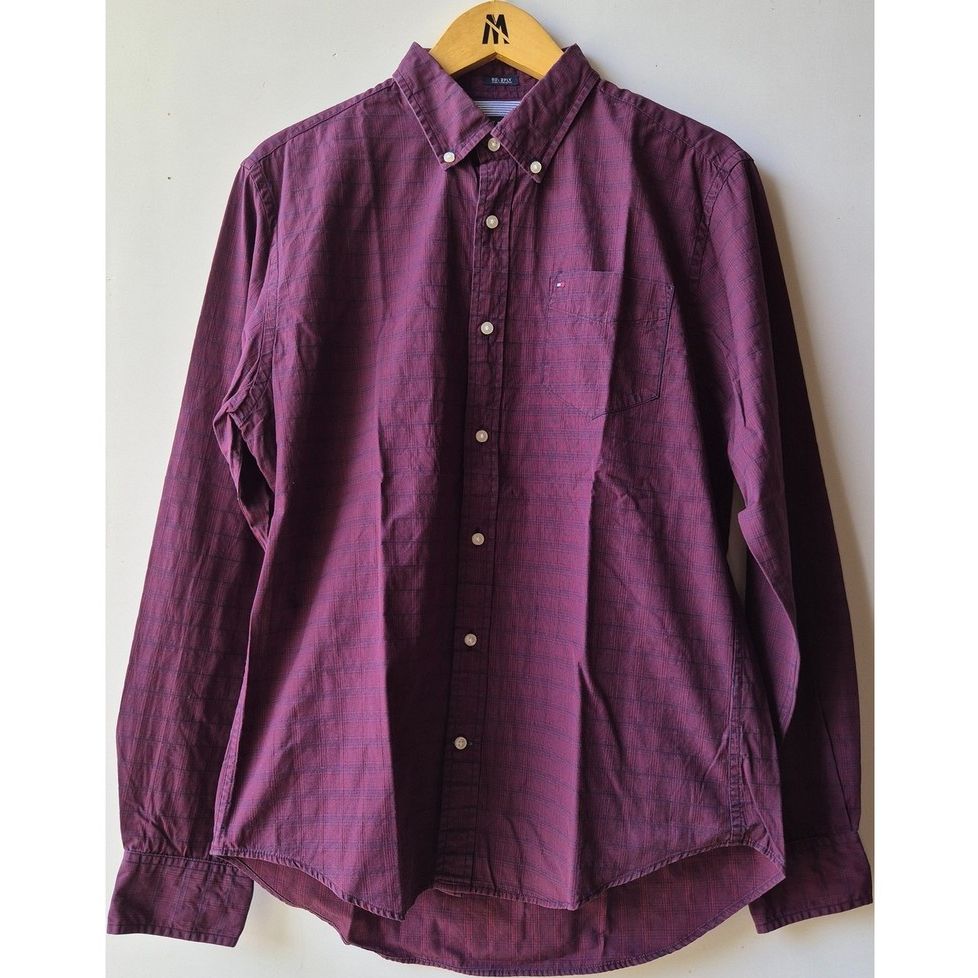 TOMMY HILFIGER Custom Fit Wine Red Prince of Wales Check 80's Ply Shirt L Kemeja Flanel Lengan Panja