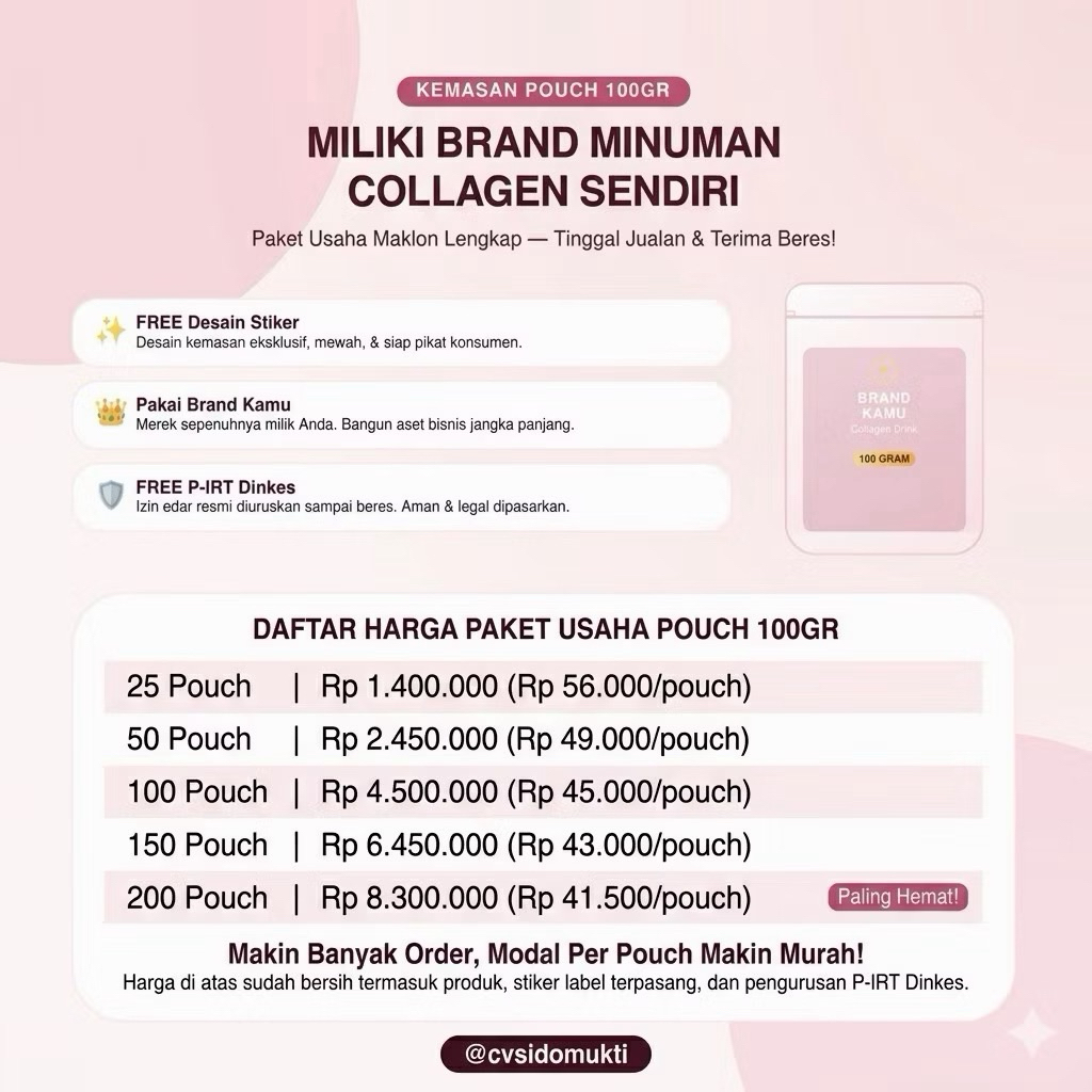 Paket Usaha Minuman Collagen Maklon Minuman Kecantikan Pouch 100gr Free Desain Stiker Label dan Izin