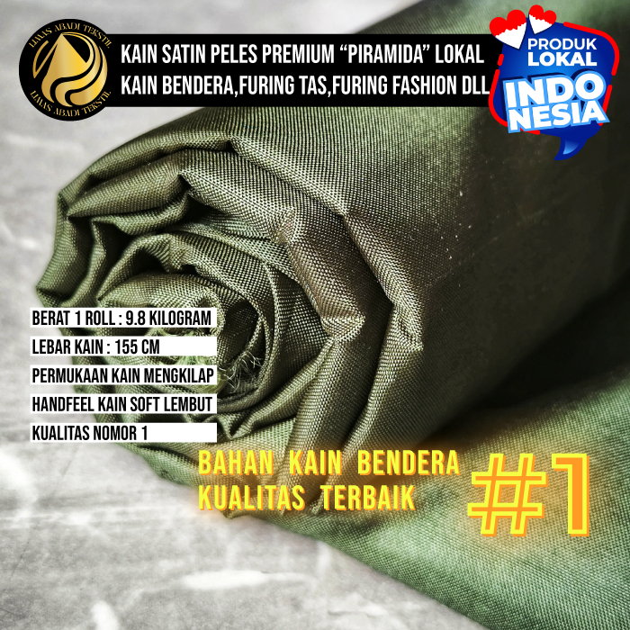 Kain Satin Peles PIRAMIDA(Hijau Army)1 Roll 50 100 Yard Setara Peles Kahatex Bahan Furing Serbaguna 