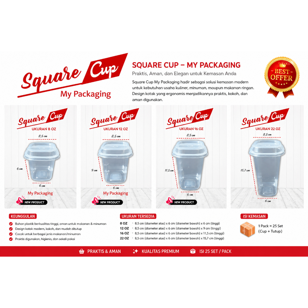 Square Cup 8 Oz 12 Oz 16 Oz 22 Oz + Tutup Isi 25 Set | Cup Plastik Kotak Transparan Dessert Salad Bu