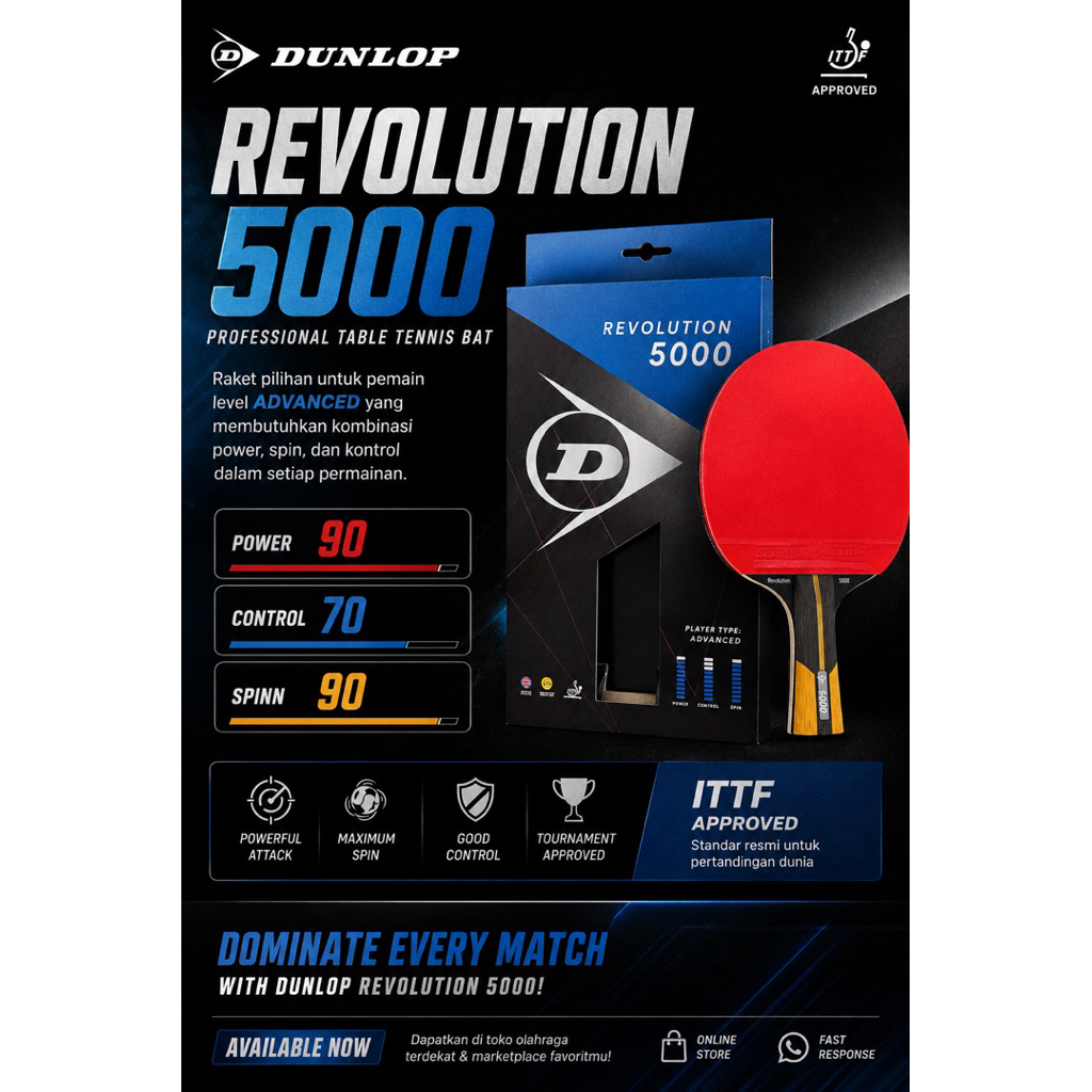 ORIGINAL BET BAT Dunlop Revolution 5000 PIMPONG TENIS MEJA ITTF Approved