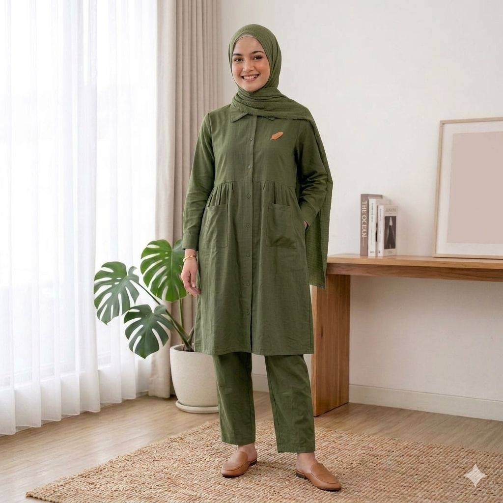 Rafika one set long tunik polos full kancing friendly busui bahan rayon twill premium//setelan celan