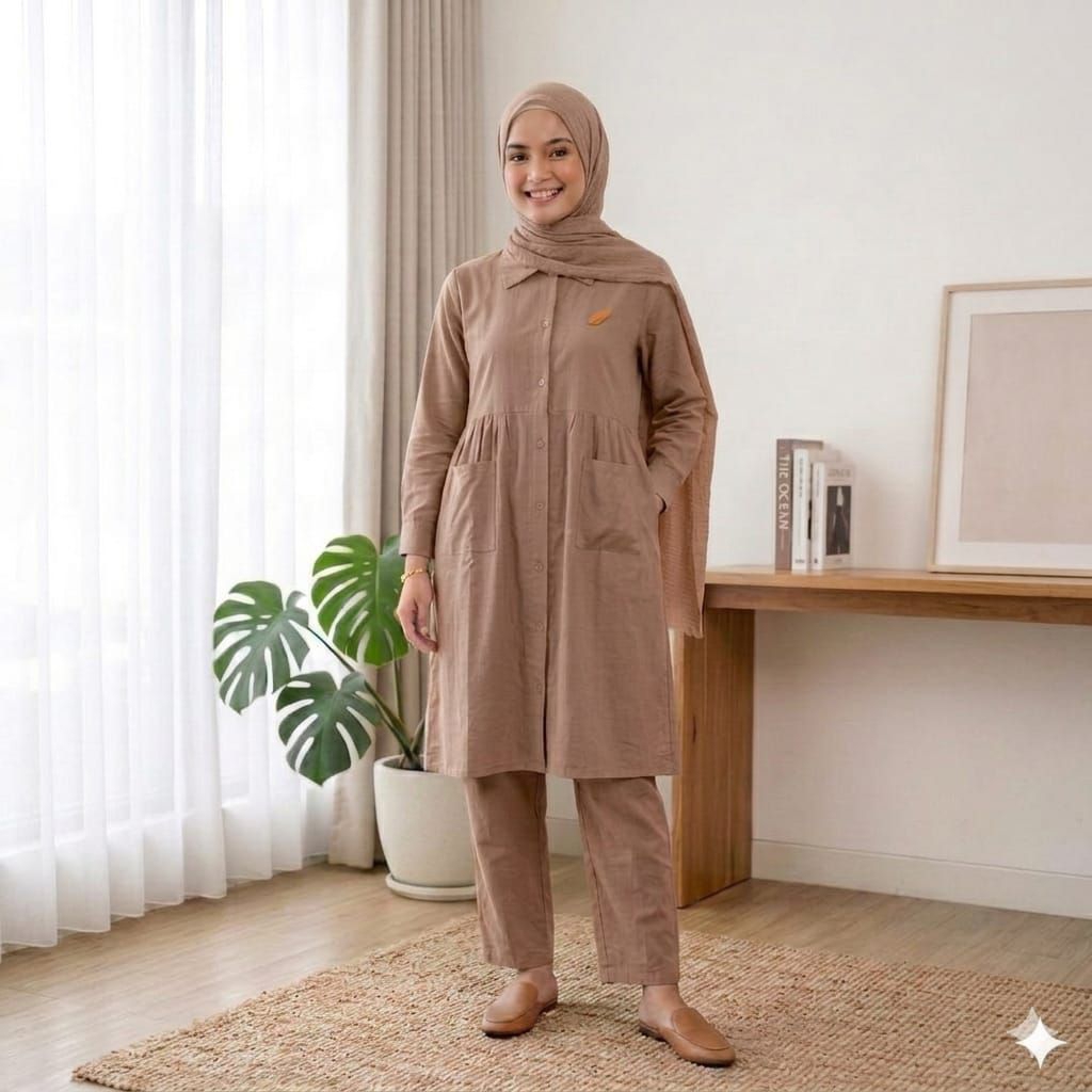 One set long tunik polos bahan rayon twill premium//setelan celana wanita dewasa jumbo full kancing 