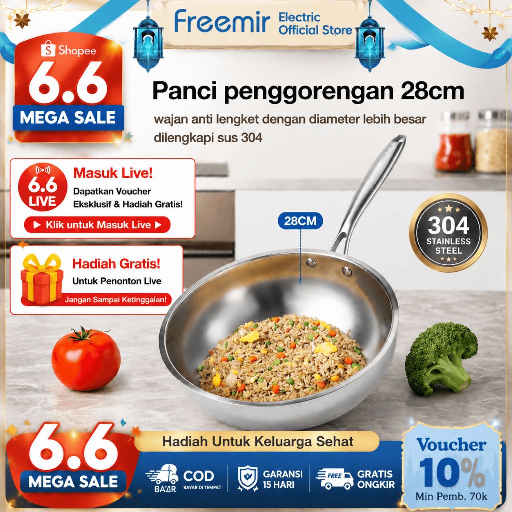 freemir electric Wajan Penggorengan 20 / 24 / 28 cm Stainless Steel SUS 304 Zero Coating Anti Lengke
