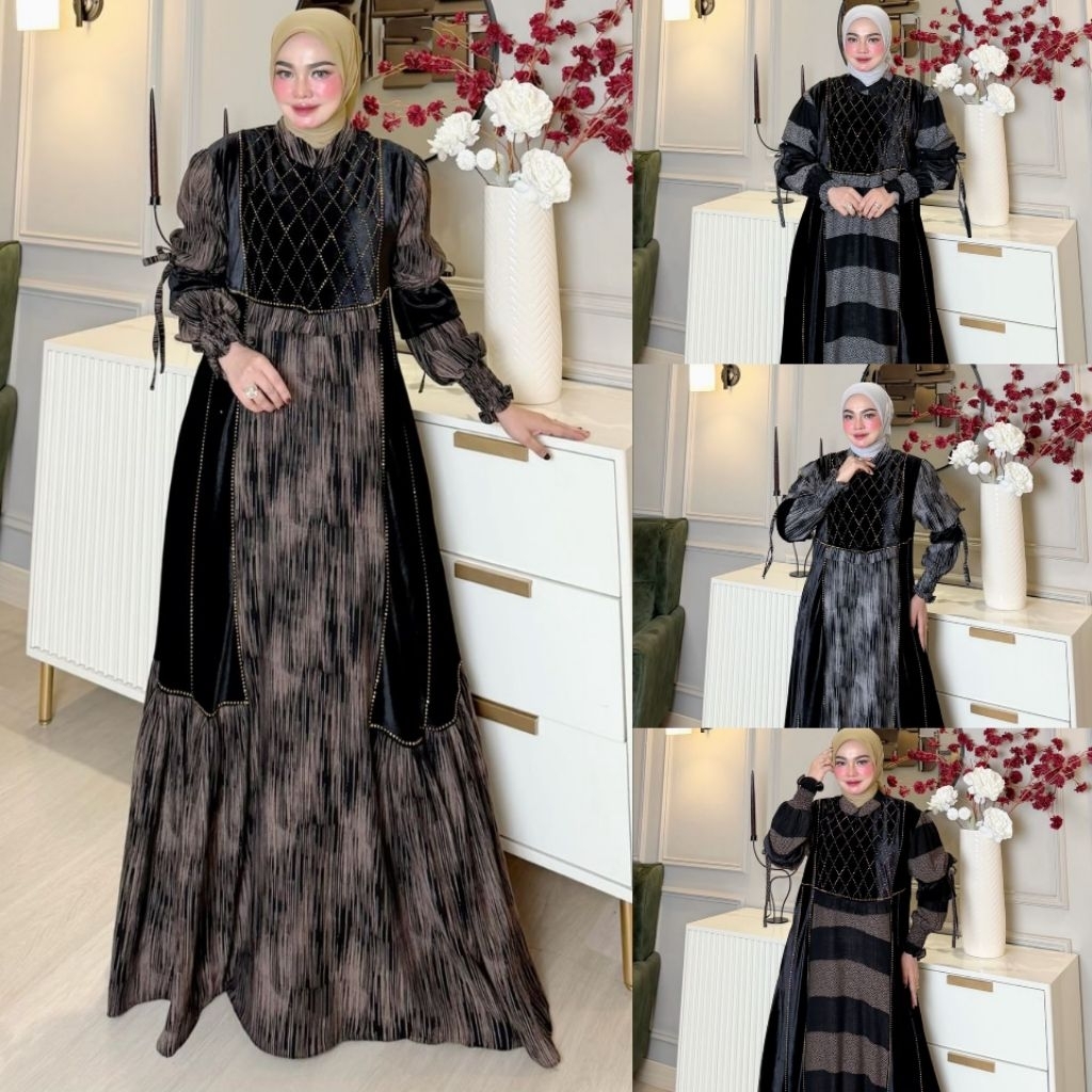 Nabila Dress Gamis Motif Murad Semi Hikmat Mix Bludru Korea Premium Baju Muslim Wanita Busui Friendl