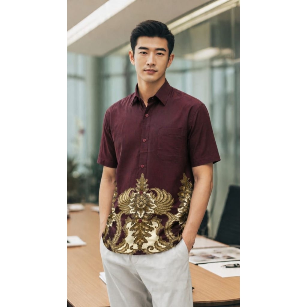 Kemeja Batik Katun Pria Premium Lengan Pendek Maroon