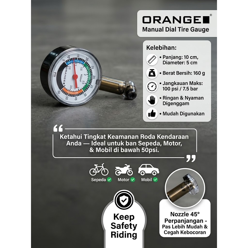 ORANGE Tire Pressure Gauge Alat Tester Ukur Tekanan Angin Ban TPMS Pengukur Angin Ban Jarum DIAL TIR