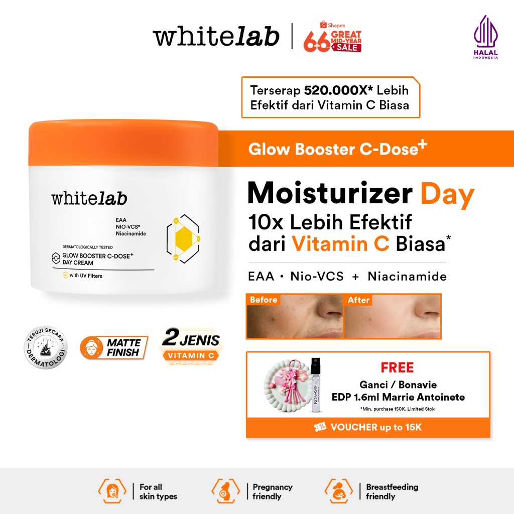 Whitelab Glow Booster C-Dose+ Day Cream - Pelembap Krim Pagi Pencerah Wajah untuk Kulit Kering denga