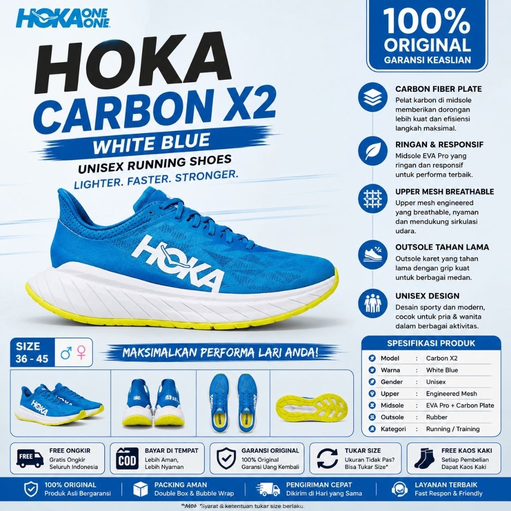 HOKA Carbon X2 White Blue Sepatu Lari Racing Running Shoes Unisex Ringan Carbon Plate Original