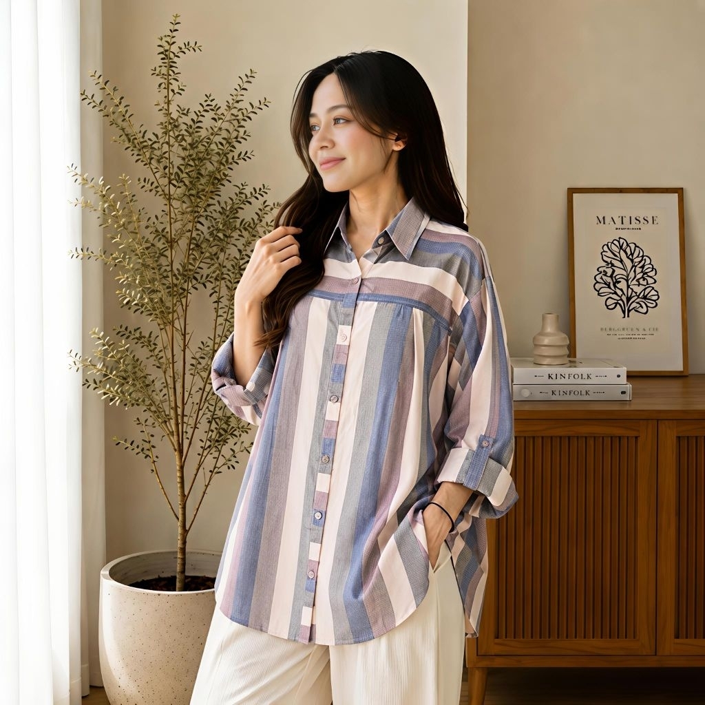 Blus kemeja wanita kekinian/Blus katun motif garis