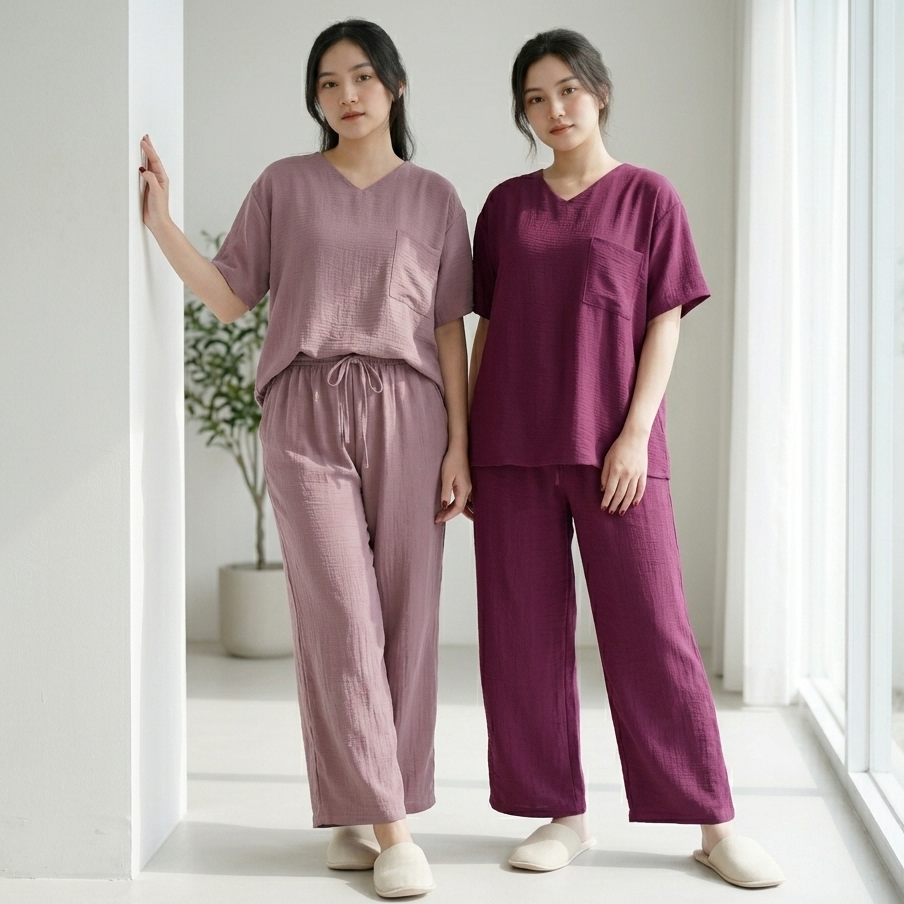 Yunna One Set Setelan Piyama Polos Wanita Lengan Pendek Celana Panjang Cantik Adem Elegan Nyaman Cri