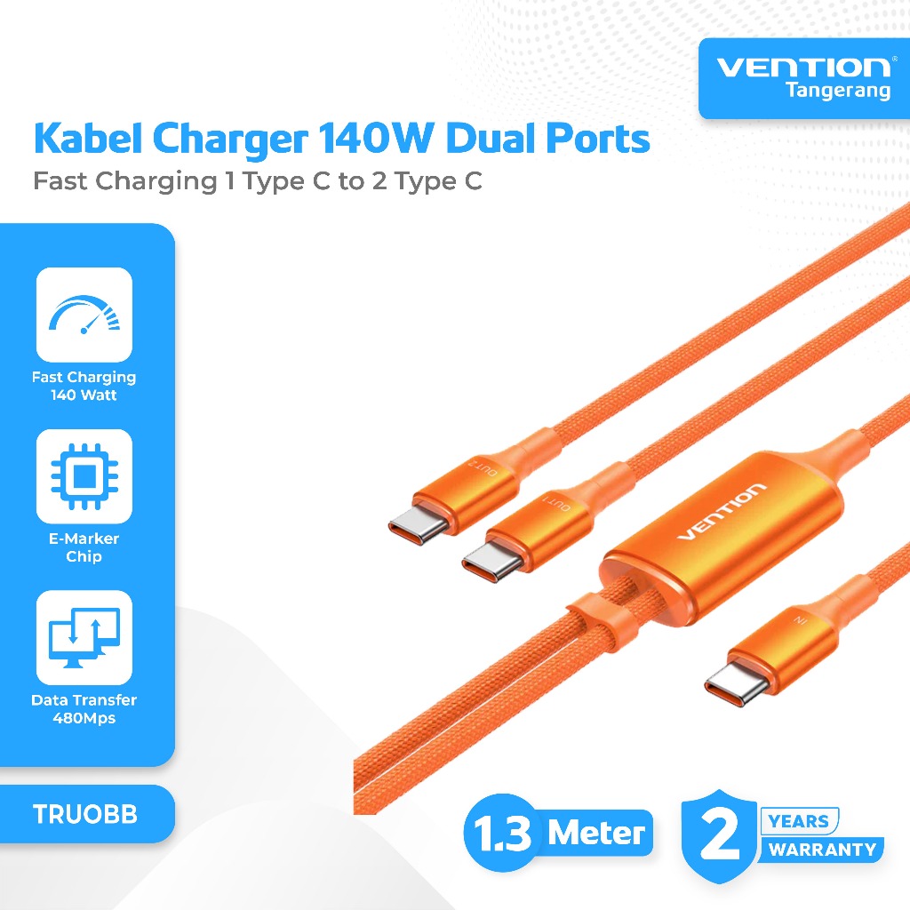 Vention Kabel Charger Data Type C to Dual Type C 5A PD Fast Charging 140W 5A Nylon Braided Charger C