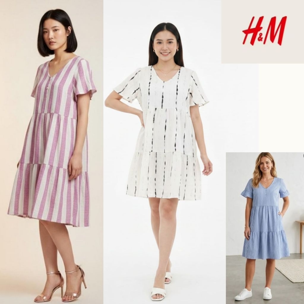 HM Midi Dress Linen Katun / Gaun Wanita