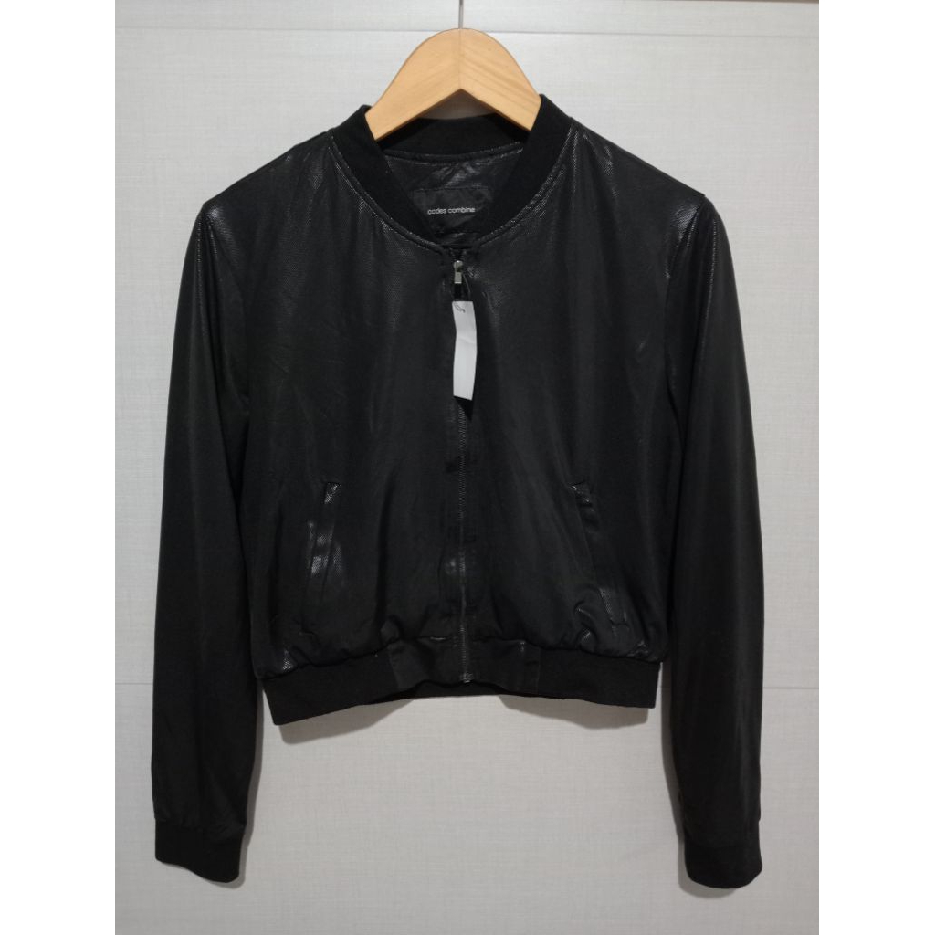 Codes Combine Shiny Coated Zip-Up Crop Y2K Jacket