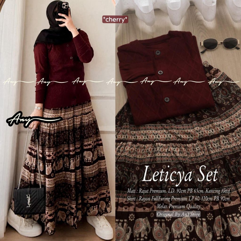 PGPS - Leticya Set Wanita Premium Rajut Cardigan Kancing Aktif + Rok Rayon Motif Etnik Boho Jumbo Fa