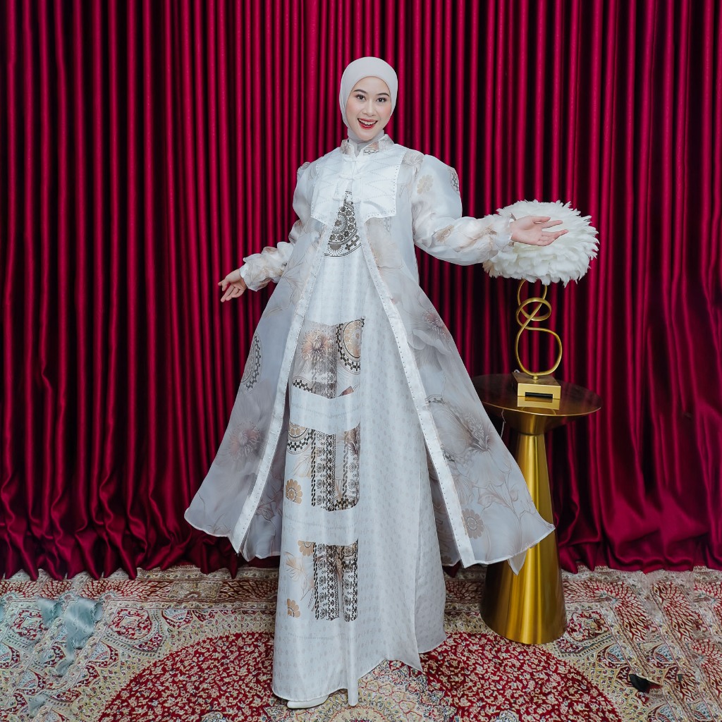 PREMIUM Dazfa Gamis Mahira Satin Outer Organza Terpisah Payet Kancing Lepas KEKINIAN
