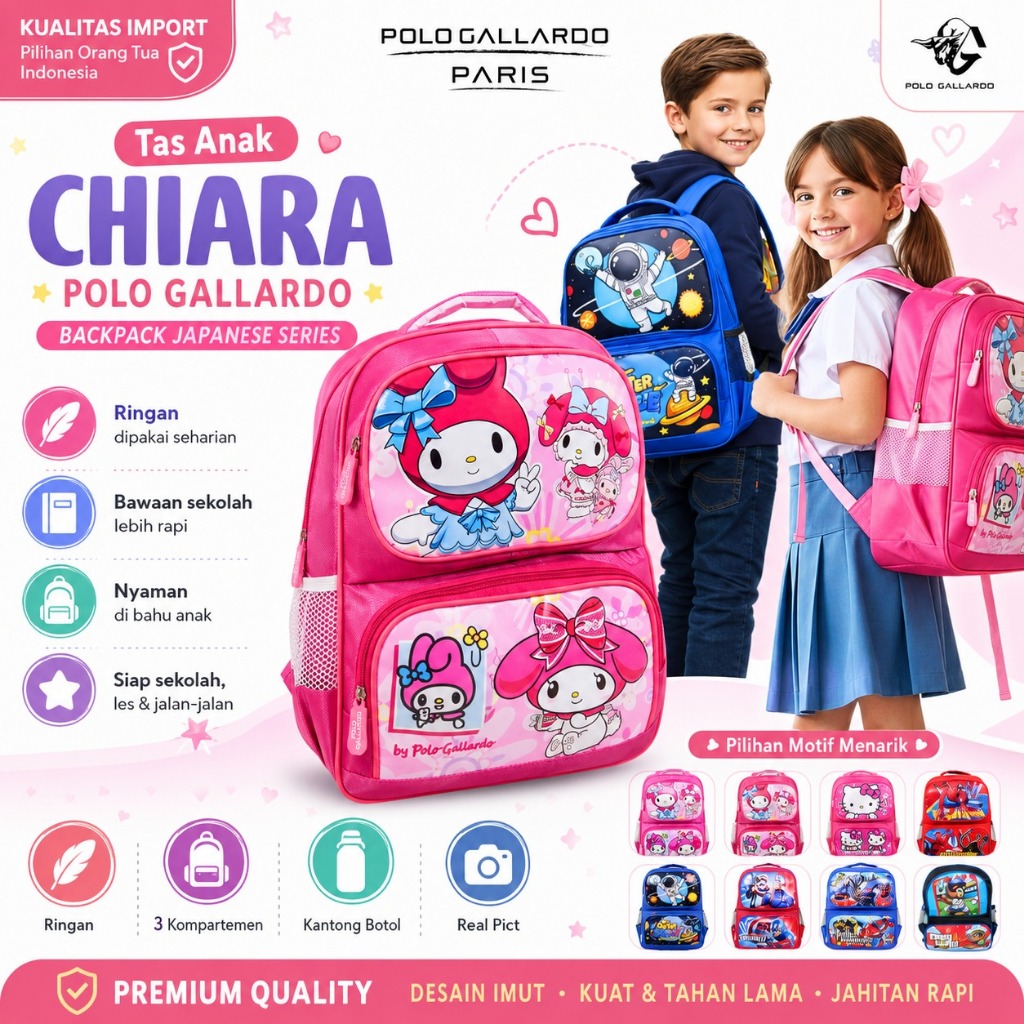 Tas Sekolah Karakter Ransel TK SD Anak Perempuan Laki-laki Polo Gallardo BPR23 Motif Backpack Bahan 